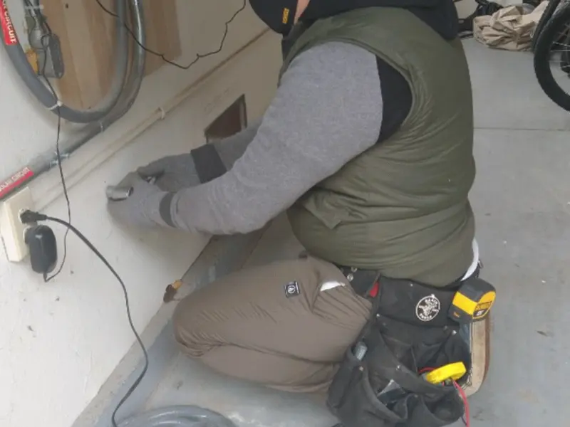 Electrician performing outlet wiring in a Villa Hills garage